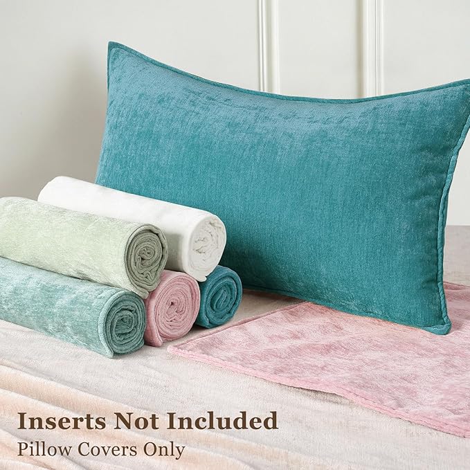 decorUhome Couch Throw Pillow Covers 12x20 Set of 2, Decorative Soft Euro Neutral Chenille Lumbar Pillow Covers with Elegant Design for Sofa Bed Living Room Home Decor, Teal