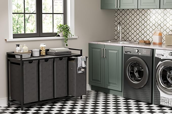 Laundry Hamper with Shelf, Laundry Basket 4 Section, Laundry Sorter with Pull-Out Removable Large Bags and Movable Wheels, Metal Frame, 4 x 15.87 Gallons (60L), Black and Gray PF07XLB