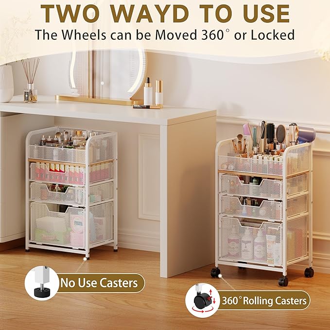 Makeup Cart Organizer with 3 Drawers,Floor Skincare Organizers with Dividers, Vanity Organizer Cosmetics Display Cases Holder for Skin Care Nail Polish Perfume Makeup brush Hair Tool,White