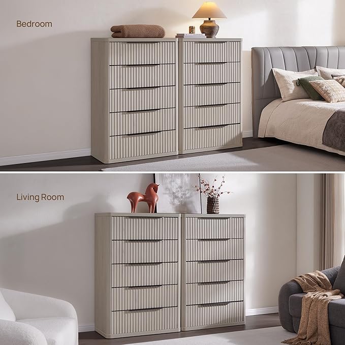 SICOTAS Dresser for Bedroom - Tall Dressers & Chests of Drawers with 5 Drawers Large Modern Dresser for Closet Fluted Wide TV Stand Clothes Closet Storage for Bedroom Hallway Entryway, White Alder