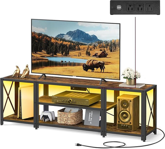 VASAGLE TV Stand with Power Outlets and LED Lights, for TVs up to 60 Inches, Entertainment Center with Open Storage Shelves, TV Console Table for Living Room, Rustic Brown and Ink Black ULTV121K01