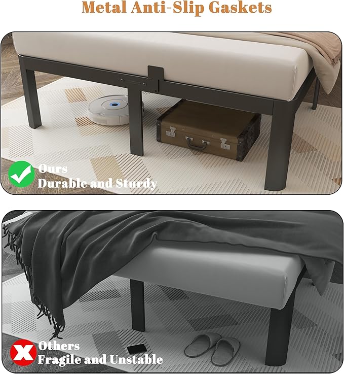 16 Inch Black Bed Frame Queen Size, Metal Platform Queen Bed Frame with Anti-Slip Baffles, No Box Spring Needed, Heavy Duty Steel Platform Support, Round Corner Design, Storage Space, Noiseless