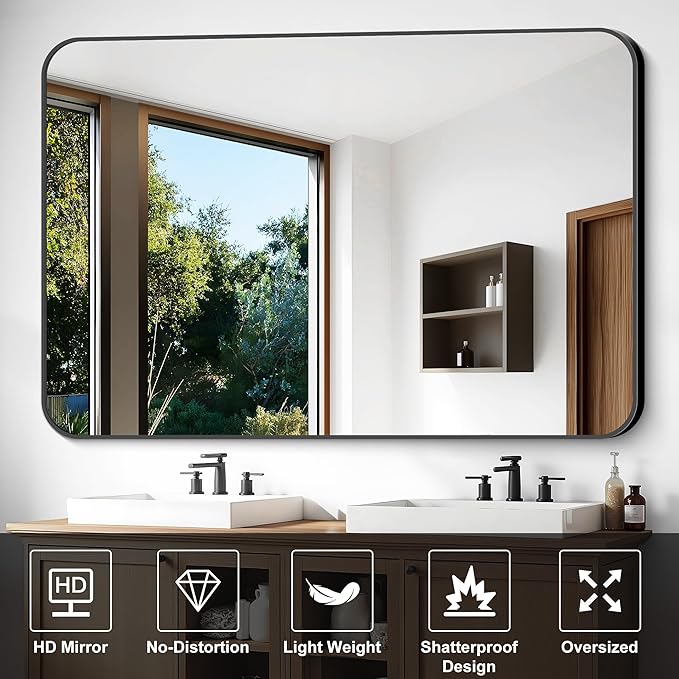 Large Bathroom Mirror, 60 x 40 inch Black Rectangle Mirror, Metal Framed Rectangular Vanity Mirror, Rounded Corner Wall Mounted Mirror for Over Sinks Bedroom Living Room Horizontal/Vertical