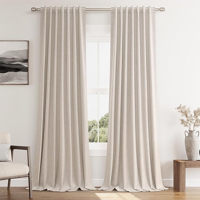 Guken Oatmeal Linen Blackout Curtains 120 Inch Length 2 Panels Set for Living Room Bedroom Back Tab Thermal Insulated 100% Black Out Linen Drapes Room Darkening Window Curtains 120 Inches Long