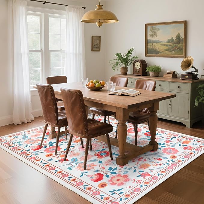Living Room Rug 6x9 Rug, Machine Washable Area Rug Non Slip Low Pile Floral Rug for Living Room, Bedroom, Farmhouse, Dining Room, Kids Playroom, Beige