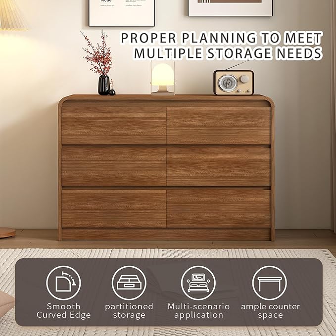 Modern 6 Drawer Dresser, 47-Inch Wood Chest of Drawers, Curved Anti-Collision Design, Mid-Century Storage Cabinet, Pre-Embedded Slots, Natural Texture, for Bedroom, Living Room, TV Stand, Nursery