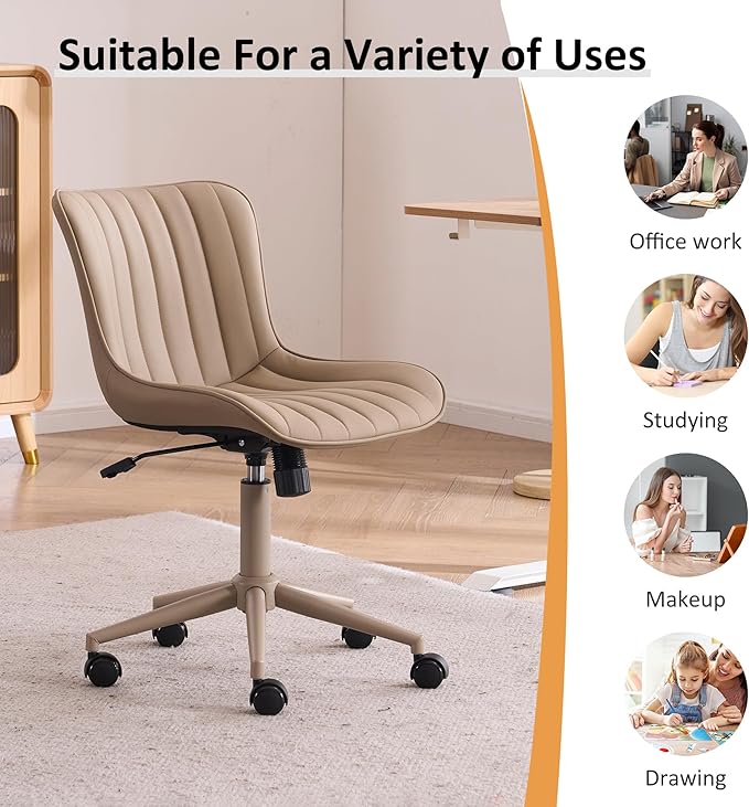 YOUNIKE Home Office Desk Chair with Wheels Armless Vanity Chair with Back Comfy Modern Leather Upholstered Rolling Task Chair Swivel Small Cute Sewing Chair No Arms Wide Adjustable Ergonomic All Khaki