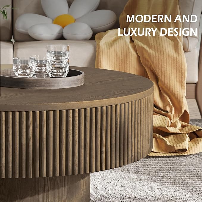 31.5” Round Fluted Coffee Table, Modern Wood Circle Coffee Table, Veneer Handcrafted Relief Tea Table with Sturdy Pedestal for Living Room - Brown