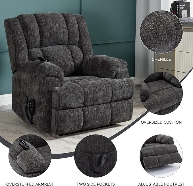 Power Lift Chair with Vibration Massage Heat for Elderly People, Dual Motor Electric Lay Flat Recliner Chair with Power-Remote, Standing Assistance Reclining, Chenille Dark Gray