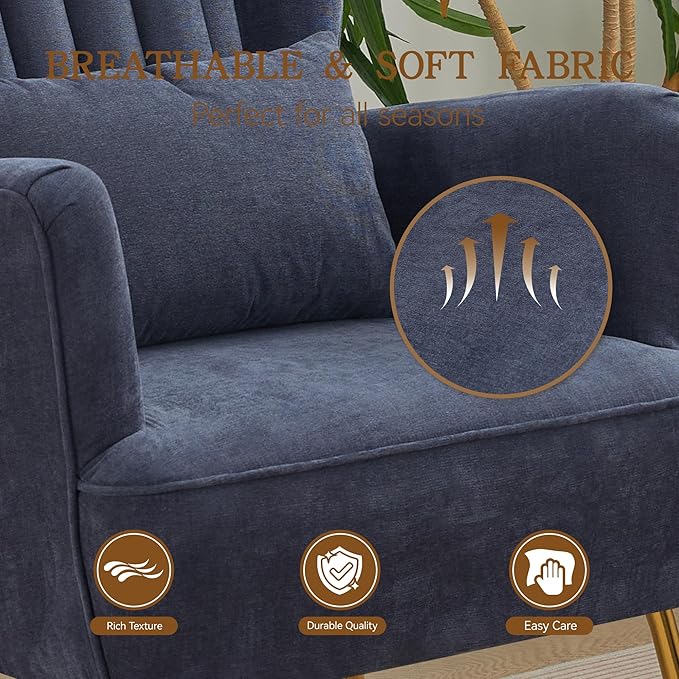 Fabric Accent Living Room Arm Chair Set of 2 Mid Century Modern Chairs with Pillow & Golden Legs, 8.5" Thick Cushion, Upholstered Comfy Sofa Armchair for Reading Room/Bedroom, Navy