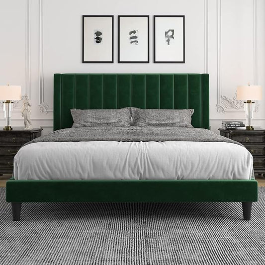 Allewie King Bed Frame/Velvet Upholstered Bed Frame with Vertical Channel Tufted Headboard/Strong Wooden Slats/Platform Bed Frame/Mattress Foundation/Box Spring Optional/Easy Assembly/Green