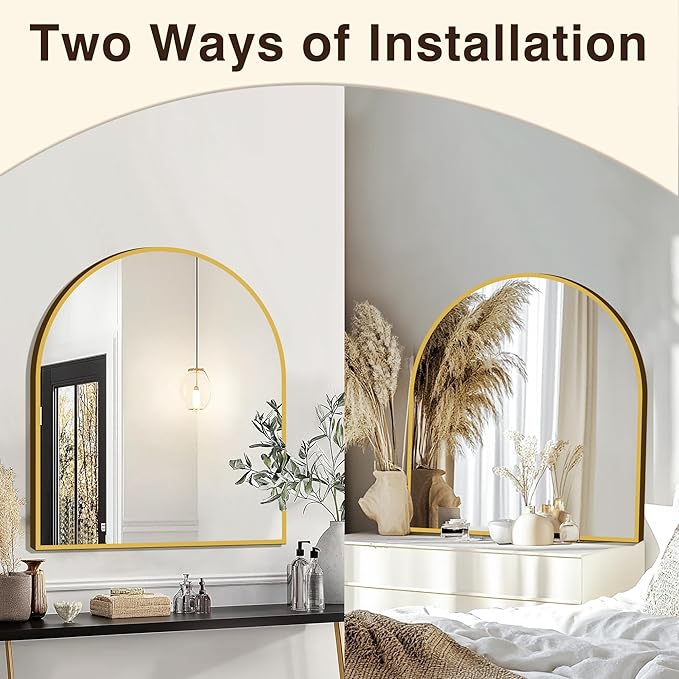 FICTOR Bathroom Vanity Mirror for Wall,32”x30” Arched Metal Framed Bathroom Mirror for Over Sink,Entryway,Living Room,Bedroom(Gold)