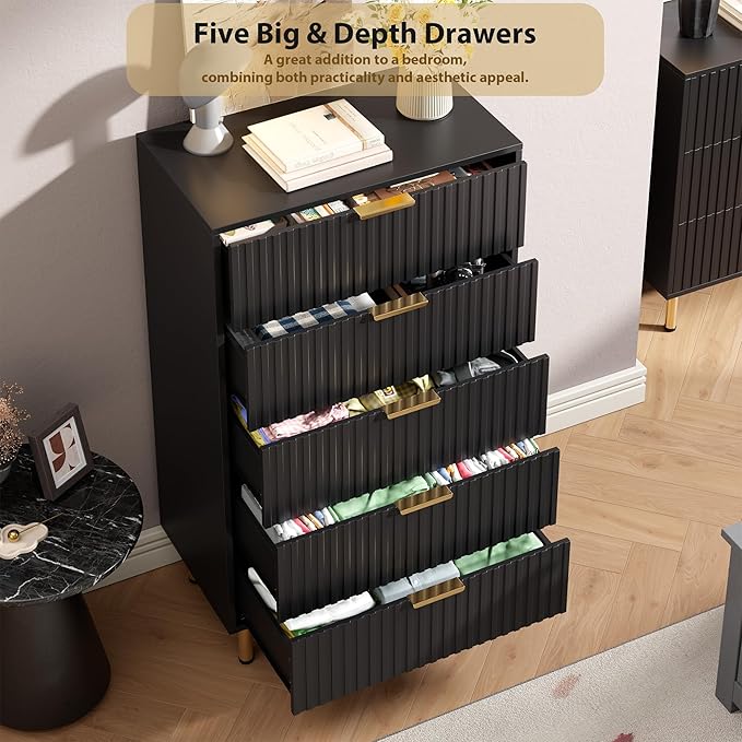 5 Drawer Dresser for Bedroom, 48" Tall Modern Chest of Drawers with Deep Drawers and Wide Top, Fluted Wooden Dresser Organizer for Living Room, Hallway, Kids Room, Black