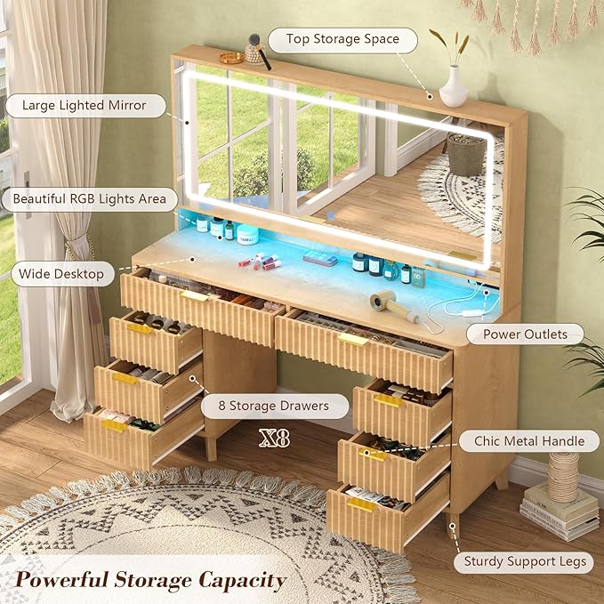 Fluted Vanity Desk with 46" Large Mirror and Lights, Big Vanity Table with Charging Station & RGB Lights, Makeup Vanity Mirror with Light Desk and 8 Drawers, Bedroom Vanity Dressing Table for Women