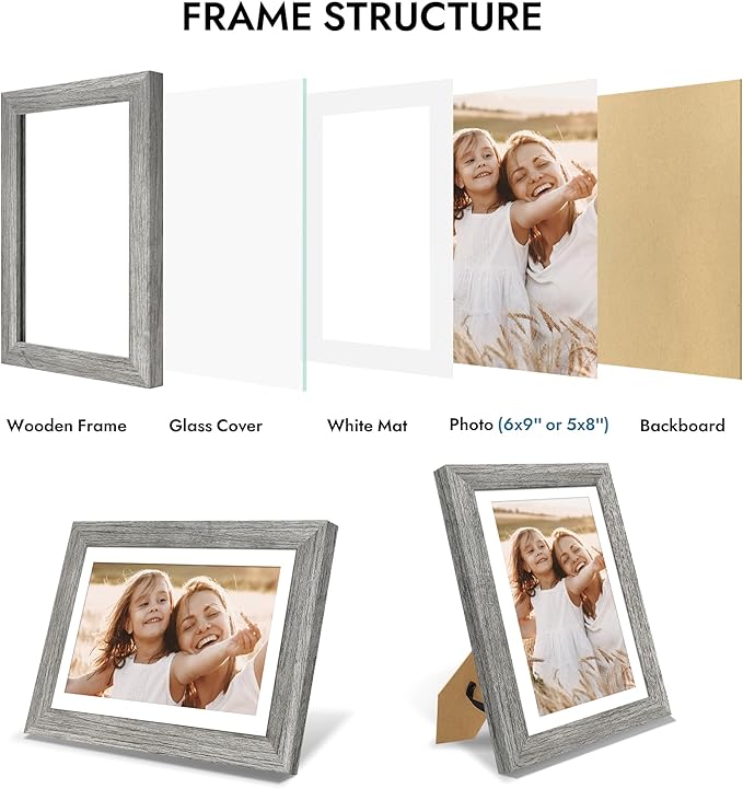6x9 Picture Frame with Glass, Display Pictures 5x8 with Mat or 6 x 9 without Mat - Wall and Tabletop, 6 by 9 Photo Wooden Frames (Grey, 1 Pack)