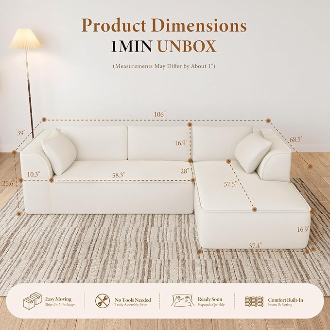 Vesgantti 106" Cloud Sectional Couch with Chaise, Deep Seat Modular Sectional Sofa Chenille Memory Foam Sofa Boneless Couches for Living Room Bedroom, No Assembly Required (Beige, Right-Facing Chaise)