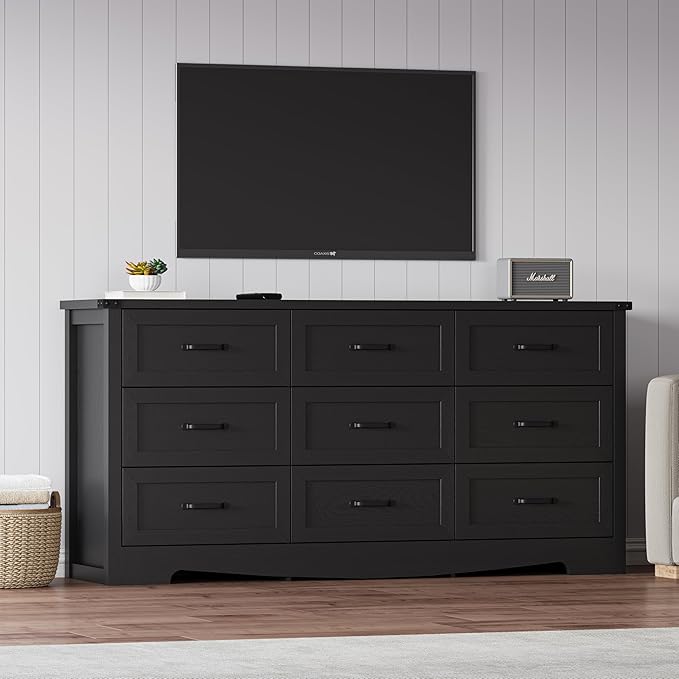 Black Dresser for Bedroom, 59'' Wide Chest of Drawers with Natural Wood Texture, 9 Drawer Dresser for Closet with Metal Handles, Sleek Storage Solution for Living Room, Office, Hallway