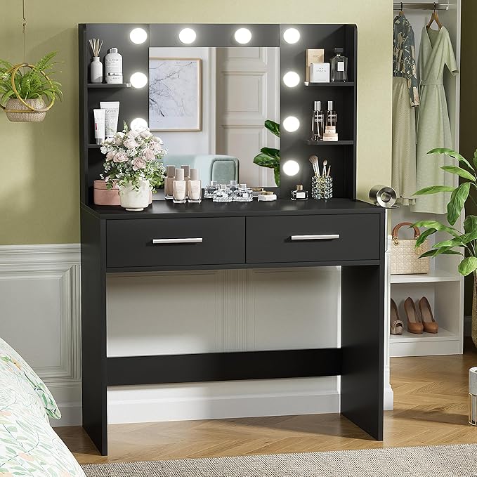 YESHOMY Vanity Desk with Mirror, Makeup Table with 2 Large Drawers, Power Outlet and Round Holder, 3 Color Modes Adjustable Bulb, Pure Black