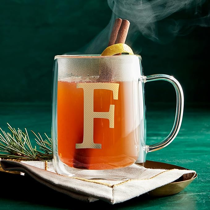 COLLECTIVE HOME - Double Walled Glass Coffee Mugs, Insulated Coffee Mug with Handle, Personalized Gifts for Women, Men, Christmas, 14 oz Monogram Cups (F)