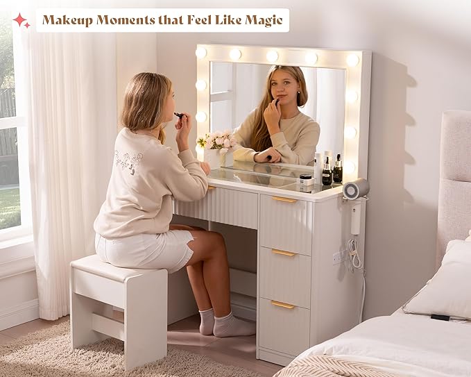 AMERLIFE 36.2" Fluted Vanity Desk with Large Mirror and Adjustable LED Lights, 4 Drawers Makeup Table with Glass Top and Charging Station for Women and Girls, Bedroom or Dorm, White