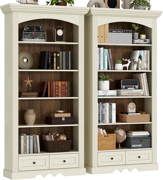 71’’ Tall Arched Bookcase with Stroage of 2 pcs, Farmhouse 5-Tier Arch Bookshelf with Drawers, Freestanding Book Shelf with Adjustable Shelf and Roman Column Pattern for Home Office (2, White)