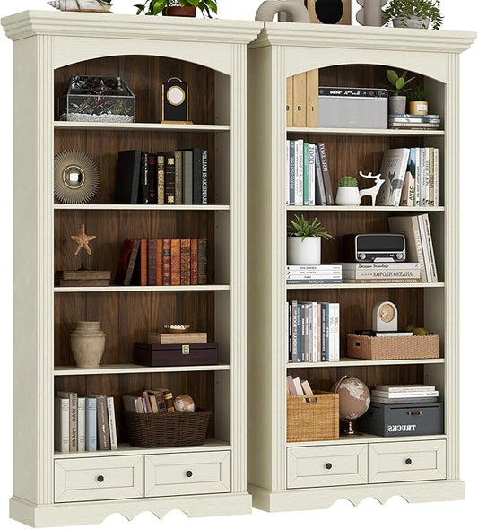 71’’ Tall Arched Bookcase with Stroage of 2 pcs, Farmhouse 5-Tier Arch Bookshelf with Drawers, Freestanding Book Shelf with Adjustable Shelf and Roman Column Pattern for Home Office (2, White)