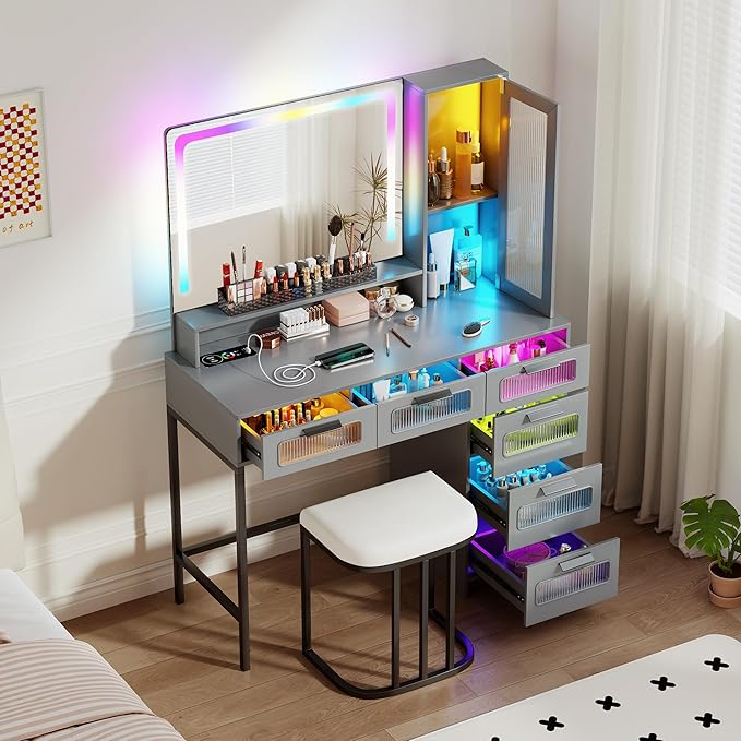 Vanity Desk with Mirror and RGB Lights, Makeup Vanity Desk with Wireless Charging Station,Large Dressing Table Set with Stool,LED Vanity Table with 6 Drawers/Cabinet/Shelves for Bedroom, Grey
