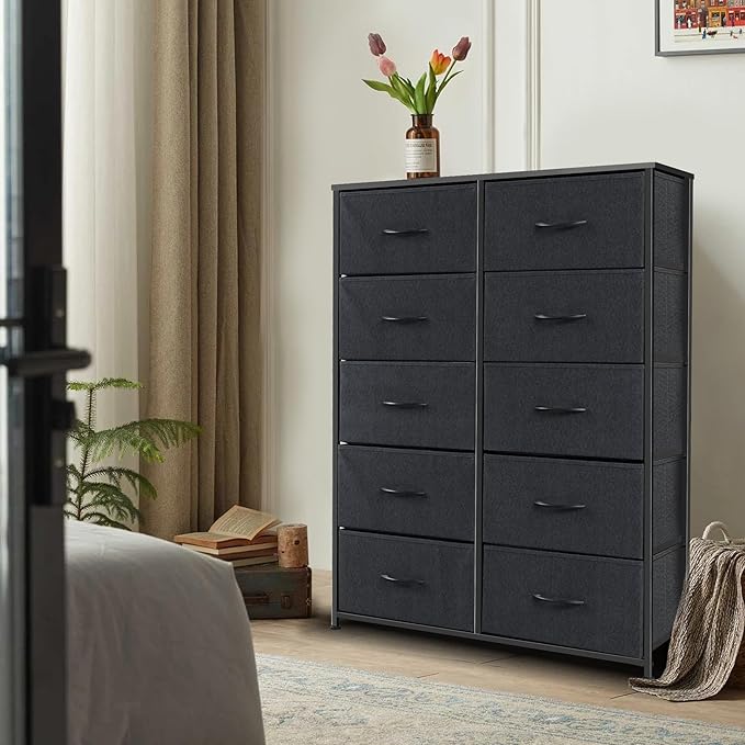 Dresser for Bedroom with 10 Drawers, Chest of Drawers, Storage Drawers Organizer Unit, Black Wide Fabric Dresser with Fabric Bins for Closet, Living Room, Entryway (Black and Charcoal Black)