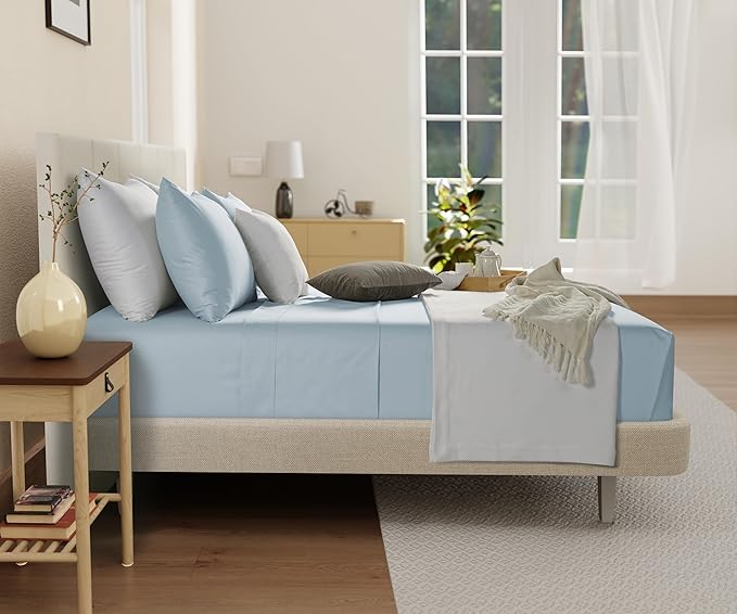300 Thread Count 100% Organic Cotton Twin Bed Sheets Set,15" Deep Pocket Light Blue Sheets Twin, Soft & Comfy Machine Washable Luxury Blue Bedding, No Pilling & Shrinkage Fade Resistant Premium Cotton