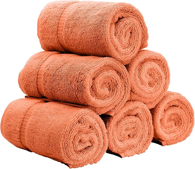Luxury Hotel & Spa Collection, Quick Dry 100% Turkish Cotton 700 GSM, Eco Friendly Towel, for Bathroom, Gymand Kitchen Dobby Border Soft Hand Towel Set 16 X 30, Coral, Hand Towels - Set of 6
