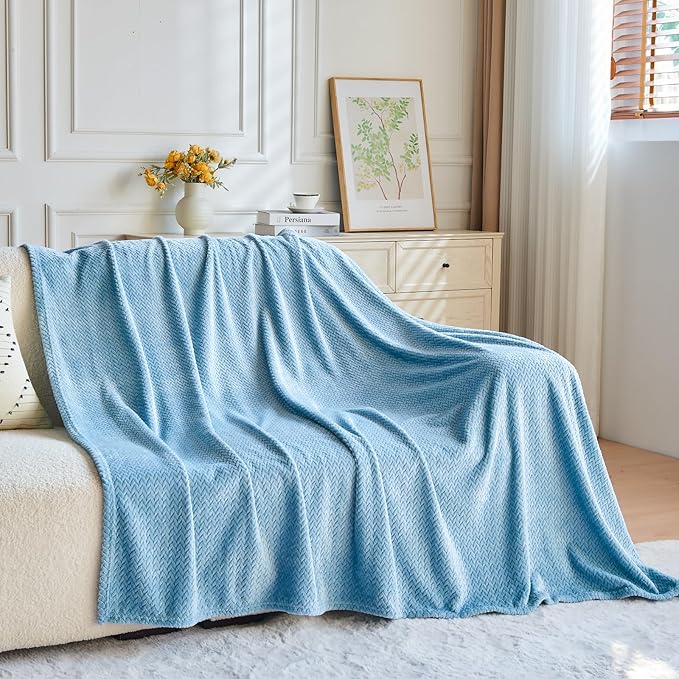 NEWCOSPLAY Super Soft Throw Blanket Light Blue Premium Silky Flannel Fleece Leaves Pattern Lightweight Bed Blanket All Season Use (Light Blue, Throw(50"x60"))