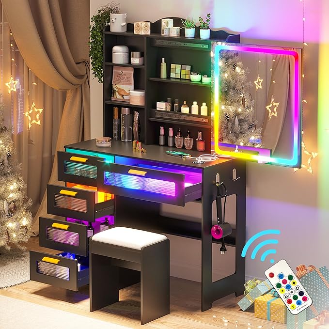 Vanity Desk with Lights and Sliding Mirror, Makeup Vanity Desk with Charging Station, Vanitys Dressing Table with Stool,LED Vanity Set with Large Drawers&Shelves for Bedroom, Decor, Black