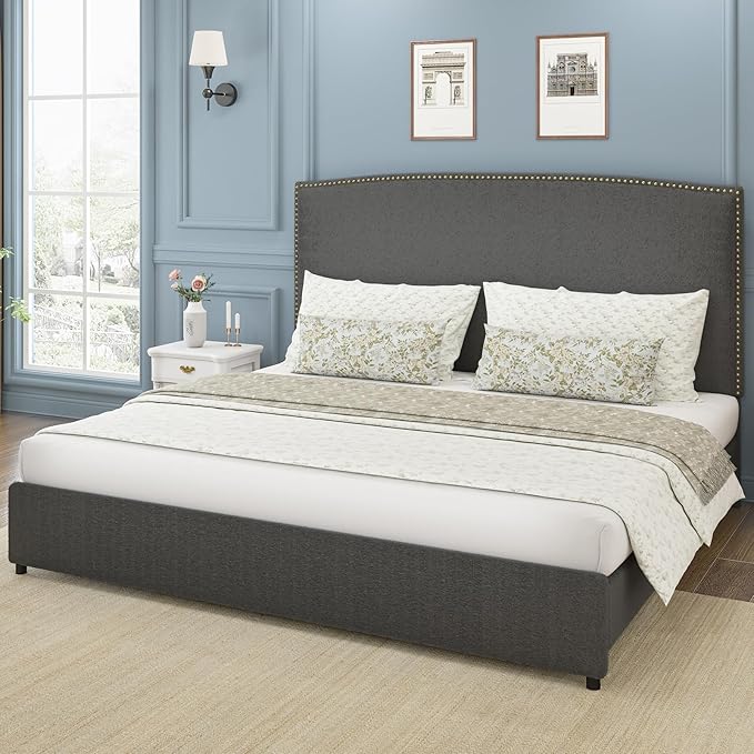 King Bed Frame, King Size Upholstered Platform Bed Frame with 56" Headboard, Soft Boucle Fabric, Mid-Century Modern Design, No Box Spring Required, Easy Assembly, Grey