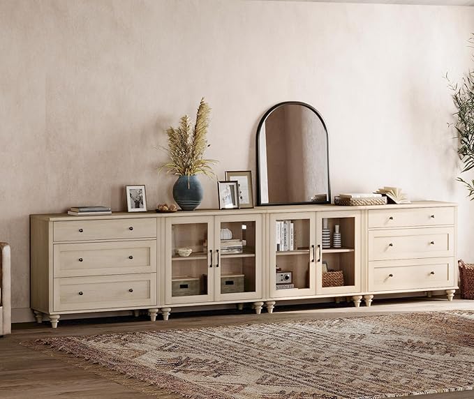 WAMPAT Modern TV Stand, 4 in 1 Entertainment Center with Storage Cabinets and 4 Glass Door, Media Console with 6 Drawer Dresser for Living Room, Light Oak