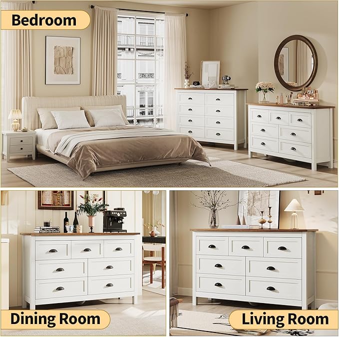 White Dresser for Bedroom, Farmhouse 7 Drawers Dresser, Wide Chest of Drawers with Metal Handles, Modern Wood Double Chest Storage Cabinet for Living Room, Bedroom, Hallway