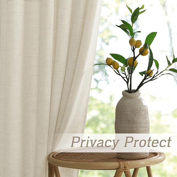 RYB HOME Living Room and Dining Room Curtains and Drapes Linen Sheer, Light Filtering Curtains 96 inches Long, Weave Textured/Rod Pocket, Cream Colored, W 52 x L 95 inches, 2 Panels Set