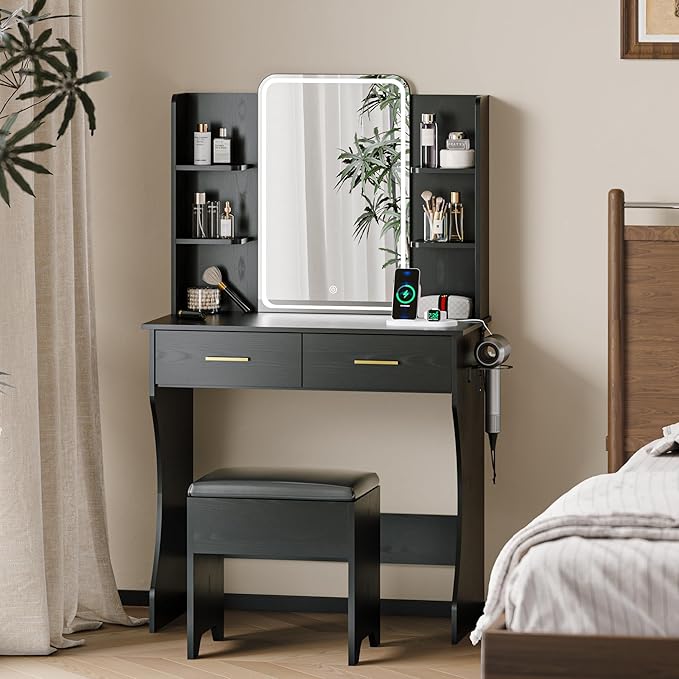 Makeup Vanity Desk with Mirror and Lights, Black Vanity with Power Outlet and LED Lights, Vanity Table with 2 Drawers and 6 Storage Shelves, Vanity Set with Chair for Bedroom