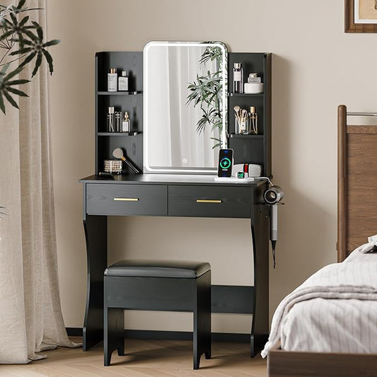 Makeup Vanity Desk with Mirror and Lights, Black Vanity with Power Outlet and LED Lights, Vanity Table with 2 Drawers and 6 Storage Shelves, Vanity Set with Chair for Bedroom