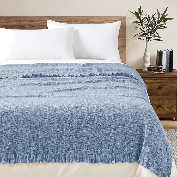BOURINA Faux Cashmere Fringe Throw Blanket Decorative Lightweight Throw Soft Cozy for Bed or Sofa Outdoor Blanket, 50" x 70" Blue
