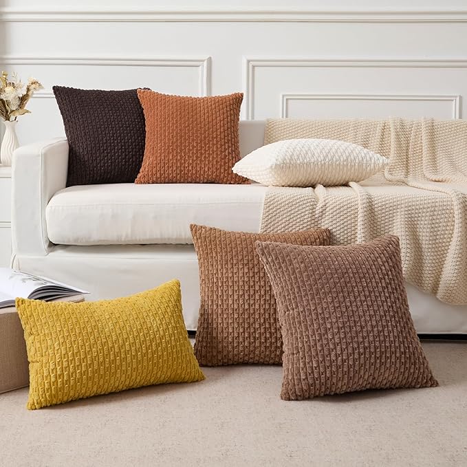 Kevin Textile Fall Decorative Pillow Covers Set of 2 Striped Plush Corduroy Pillows Pillowcases Boho Home Decor Cushion Covers for Couch Sofa Bed Living Room 20x20 Inch, Burnt Orange