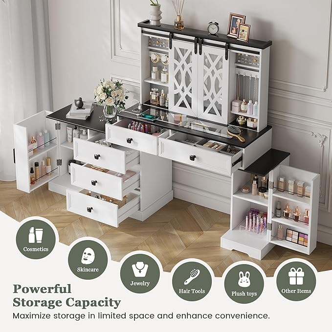 Farmhouse Makeup Vanity with Mirror & Lights, Large Vanity Desk with 5 Drawers & 9 Storage Shelves, Dressing Table with Jewelry Armoire, Vanity Gifts for Wife Girlfriends Women Lady Girl, White