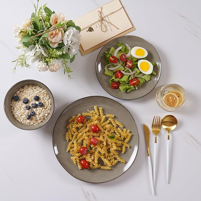 Famiware Tempus Plates and Bowls Sets for 6, 18 Pieces Stoneware Dinnerware Sets, Reactive Glaze Dishes Set, Dishwasher & Microwave Safe - Dark Olive