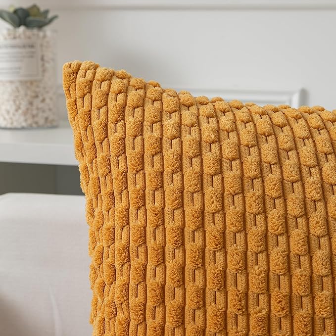 Kevin Textile Throw Pillow Covers Soft Corduroy Decorative Set of 2 Boho Striped Pillow Covers Pillowcases Farmhouse Home Decor for Couch Bed Sofa Living Room 18x18 Inch Golden Yellow