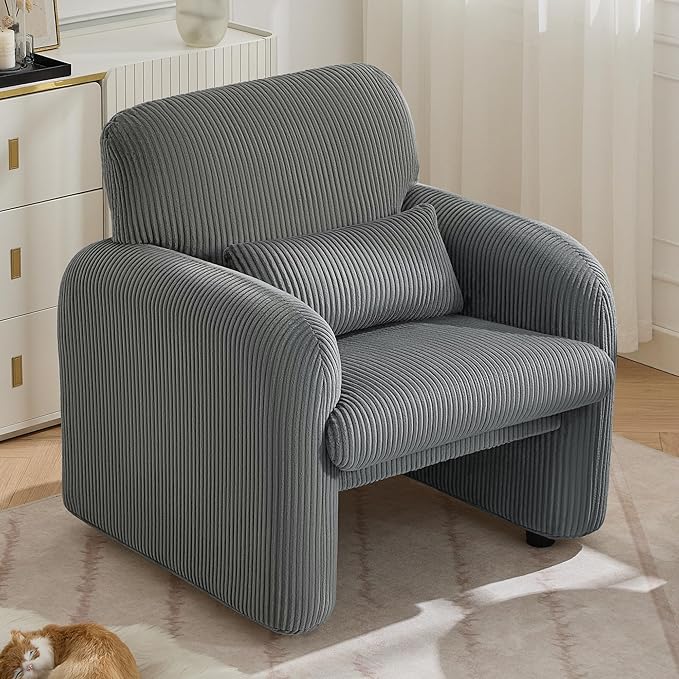 Corduroy Fabric Accent Chair, Modern Upholstered Living Room Chairs with Lumbar Pillow, Wide Comfy Leisure Armchair for Bedroom, Office, Reading, Grey