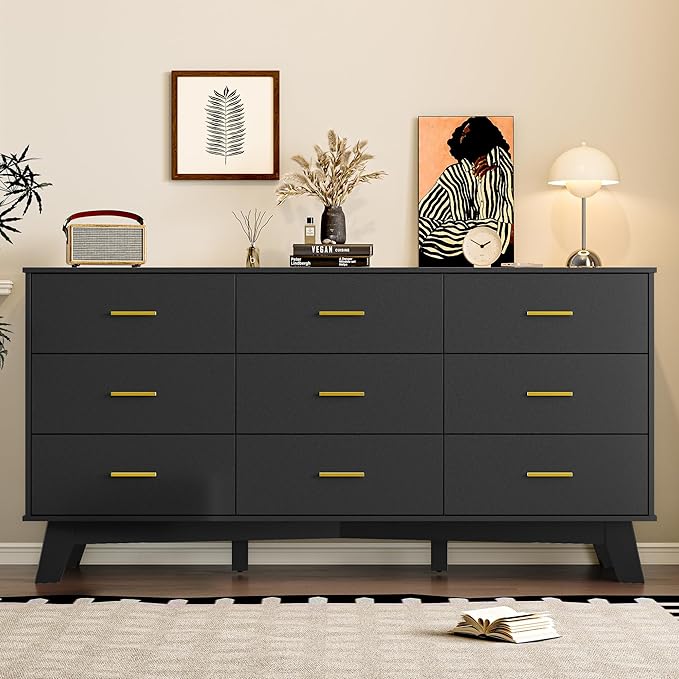 Dresser for Bedroom with 9-Drawer, 59" Wide Modern Chest of Drawers with Metal Handles, X-Shape Base & Adjustable Center Leg, Anti-Tip Closet Organizers and Storage