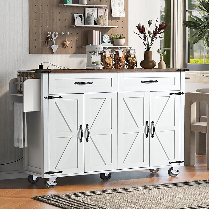 53.5'' Farmhouse Kitchen Island with Power Outlet, Rolling Cart with Drop Leaf, Storage Cabinet Table, Spice Rack and Drawer for Kitchen (White)
