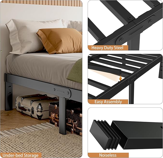 Black Bed Frame Twin Size 16 Inch, Metal Twin Bed Frame No Box Spring Needed, DIY Headboard Holes, Heavy Duty Steel Support 3500 LBS, Noiseless, Round Corner Legs, Storage Space, Easy Assembly