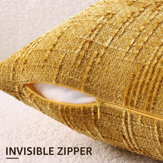 decorUhome Mustard Yellow Chenille Throw Pillow Covers 16x16 Set of 2 Thick Textured Slubby Couch Pillow Covers Farmhouse Accent Modern Neutral Decorative Pillow Cases for Bed Sofa Living Room