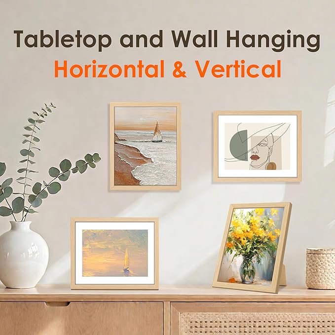 FIXSMITH 8x10 Picture Frame Set of 2, Photo Frame with HD Plexiglass, Display Pictures 5x7 with Mat or 8x10 Without Mat Multi Picture Frames Collage for Tabletop or Wall Display, Natural