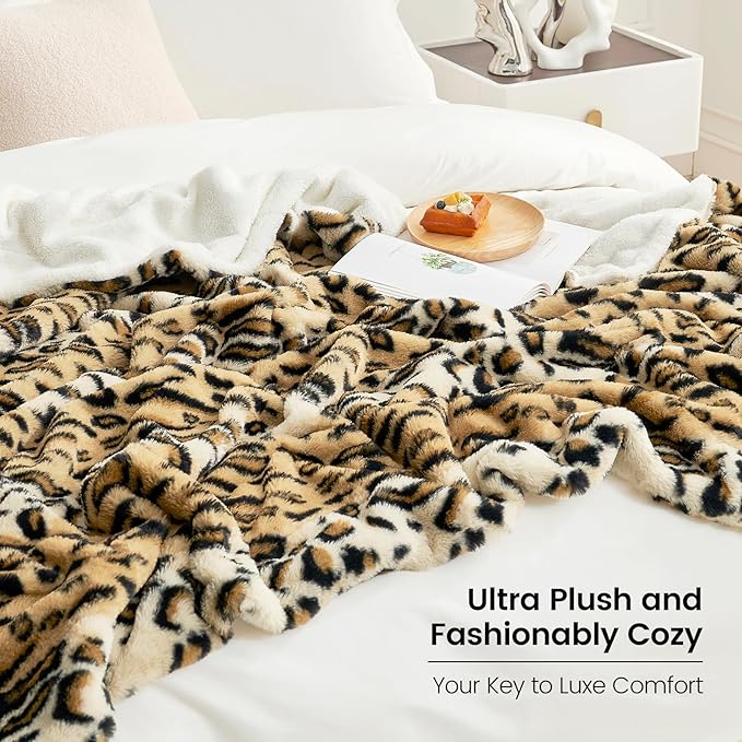 Cozy Bliss Luxury Faux Fur Throw Blanket Leopard Print, Non Shedding Double Sided Sherpa Blankets Super Soft Fluffy Thick Warm Throws Home Decor for Couch Bed Sofa Women,50"*60"Inches Brown Leopard